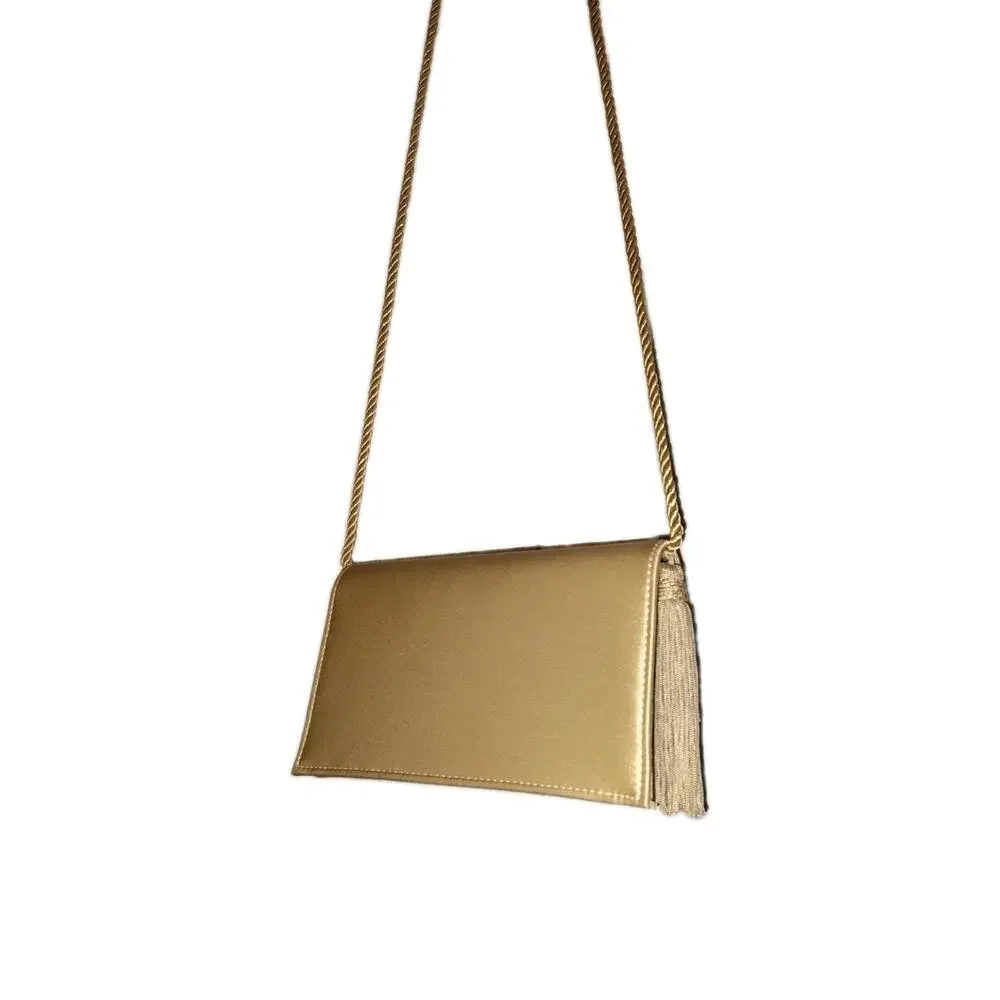 NWOT 100% Pure Silk Champagne Gold Flap Evening Clutch Crossbody Bag Tassel